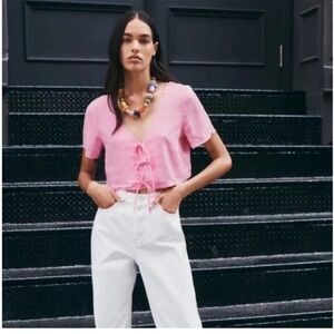 Zara Pink Linen Tie Front Short Sleeve Crop Top - Size Small